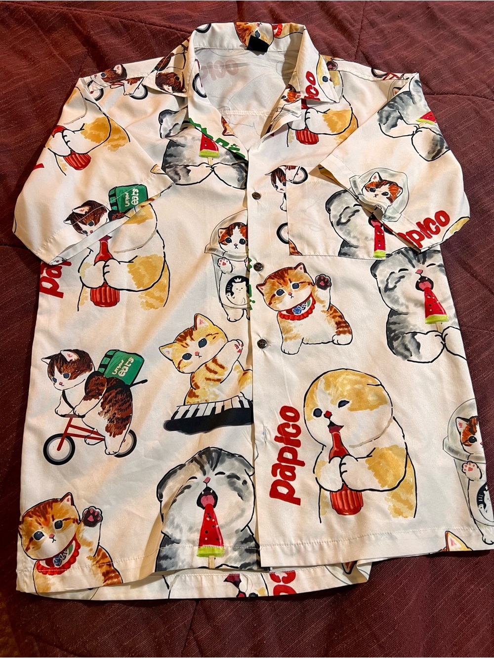 White Cat Print Short Sleeve Button-Up Top